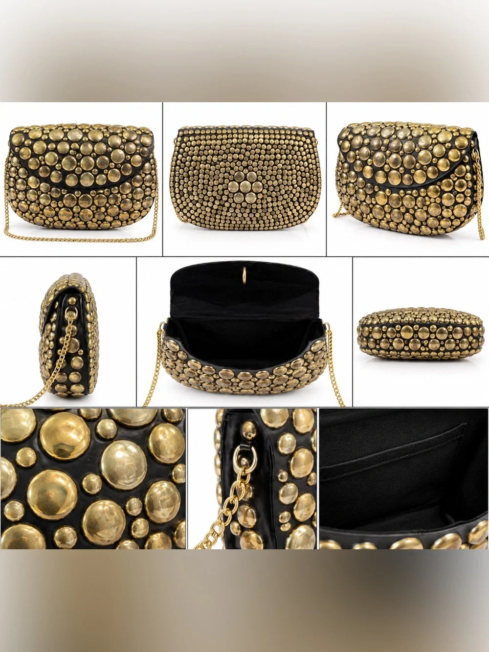 Black Leather Crossbody with Antique Gold Stud Detailing